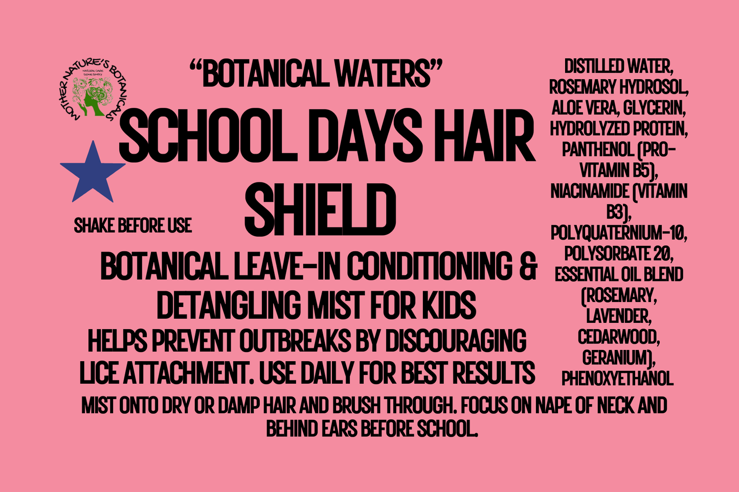 "School Days Hair Shield" Daily Mist for Kids (tangle relaxer and head lice deterrent)
