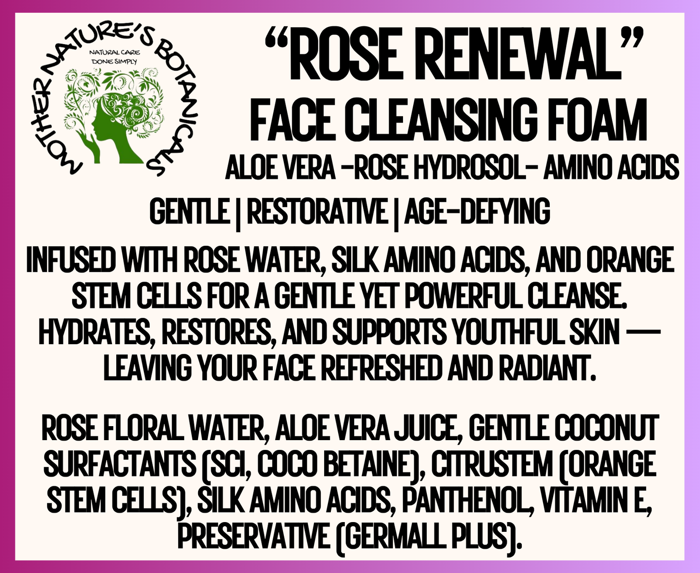 "Fresh Face" - "Rose Renewal Face Cleanser" with Rose Water & Aloe