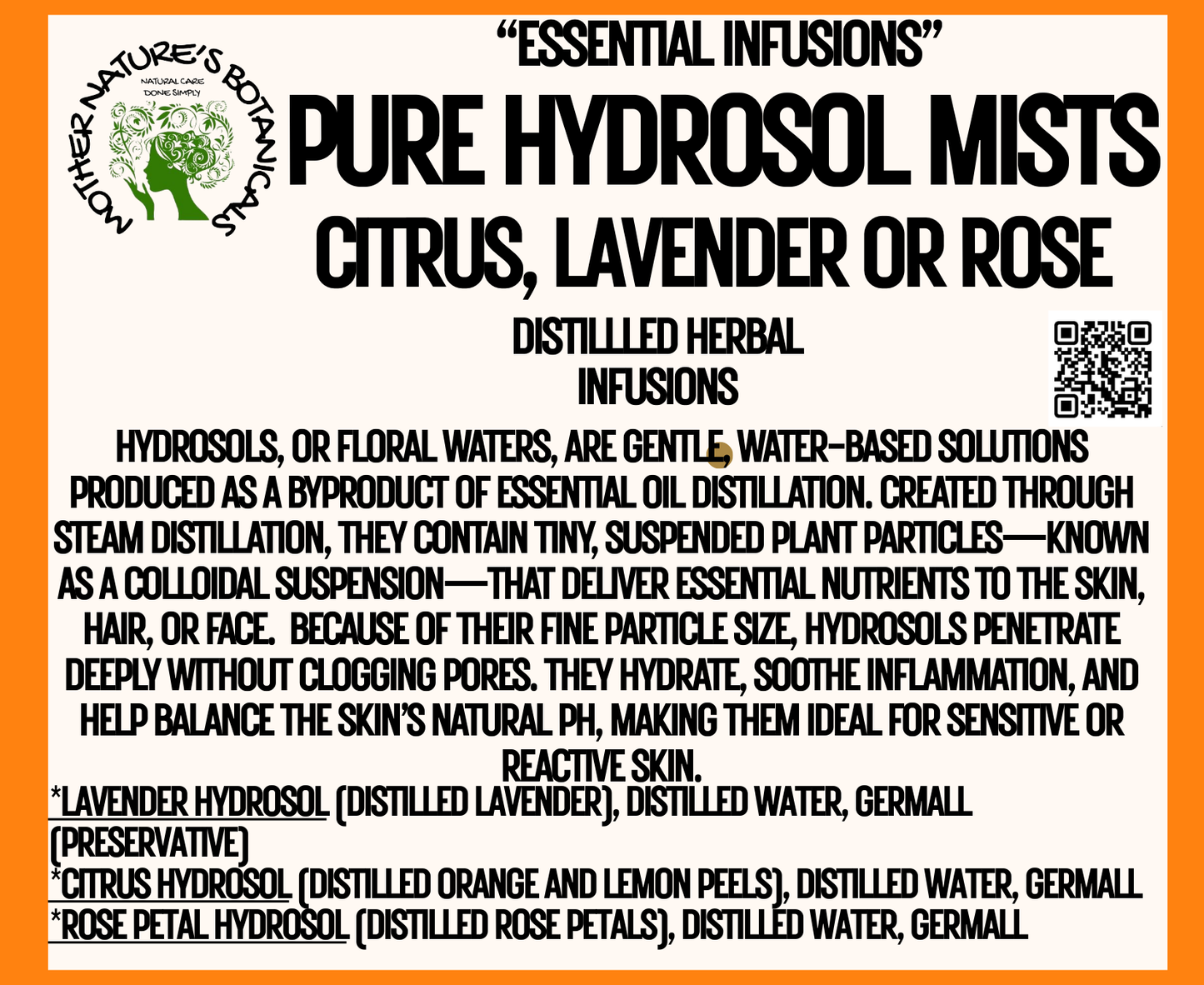 "Herbal Remedies" - Pure Hydrosol Mists - Lavender - Rose - or Citrus (Pure distilled herbal infusions)