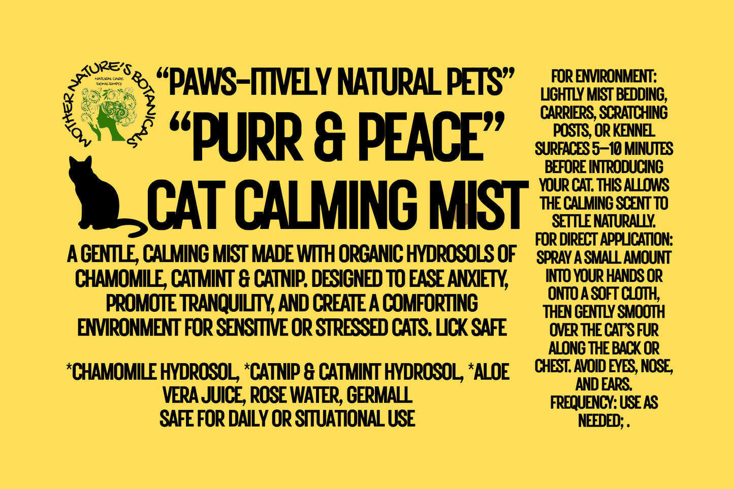 "PAWS-itively Natural Pets" "Purr & Peace" Anxiety Calming Cat Mist with Catmint Hydrosol