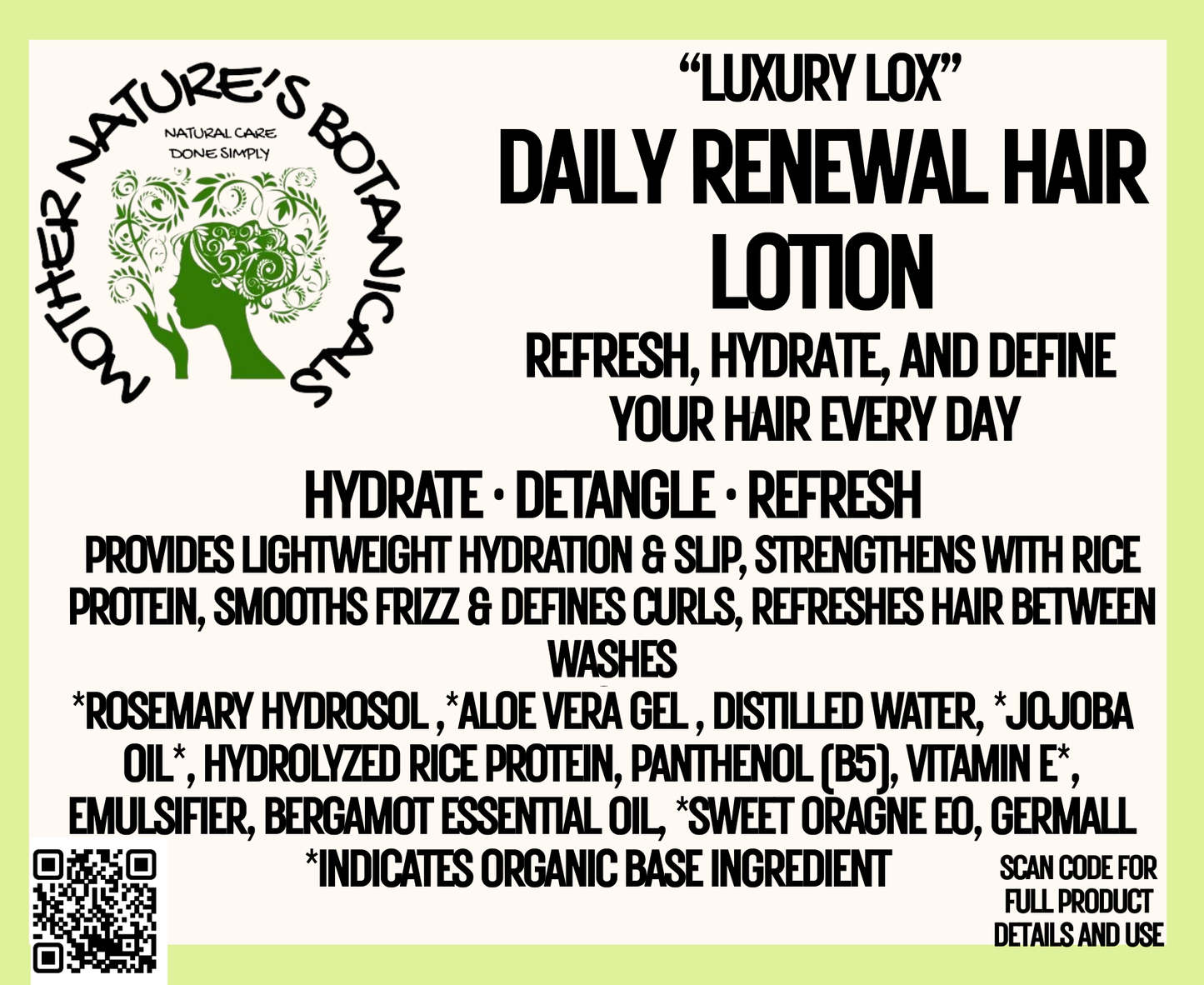 "LUXURY LOX" Daily Renewal Hair Cream - with Rosemary & Pro Vitamin B5 (Leave in, refresher, heat protectant))