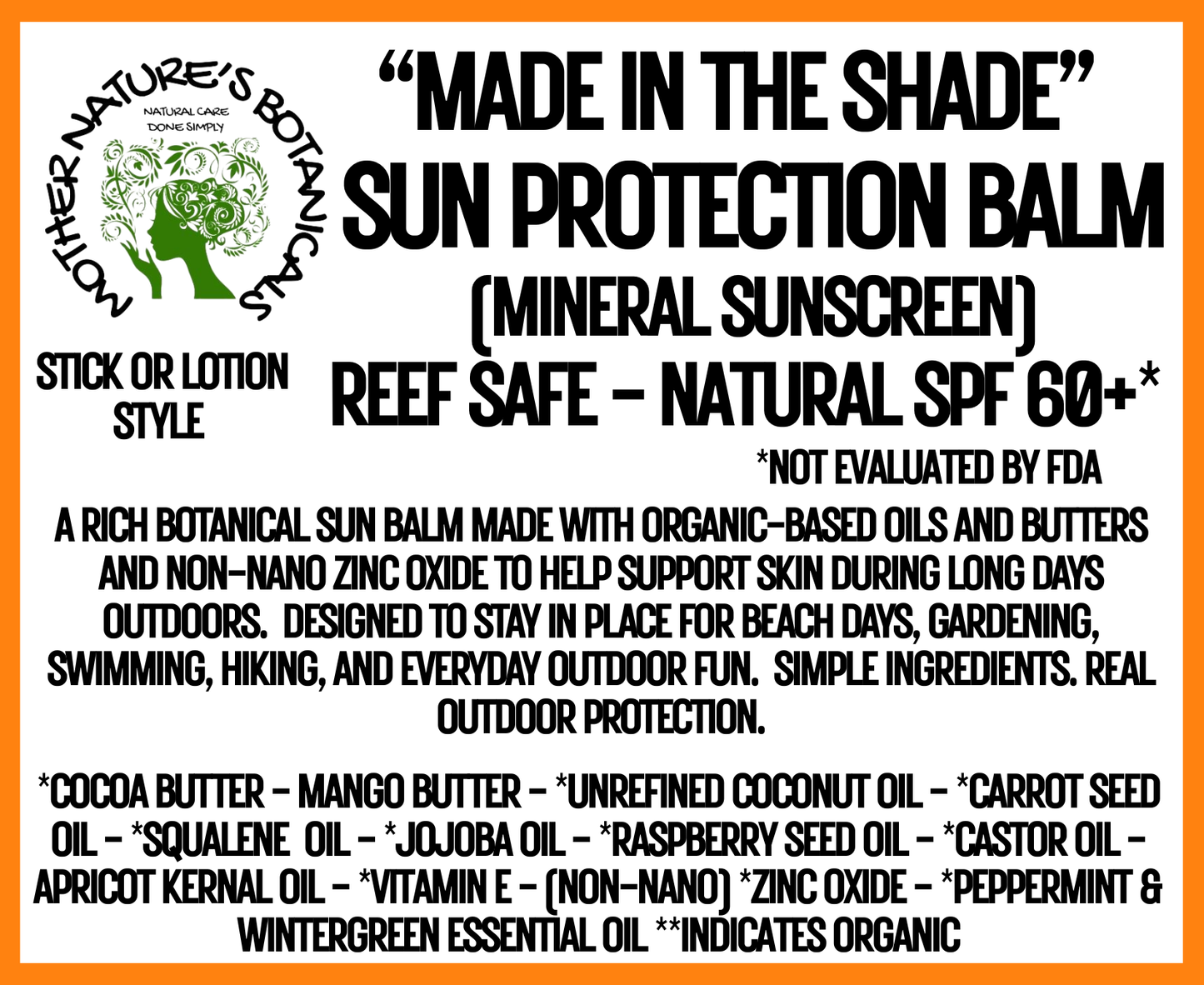 "Made in the Shade" Natural Sun Protection Balm - Reef Safe with Carrot Seed & Raspberry Seed Oil