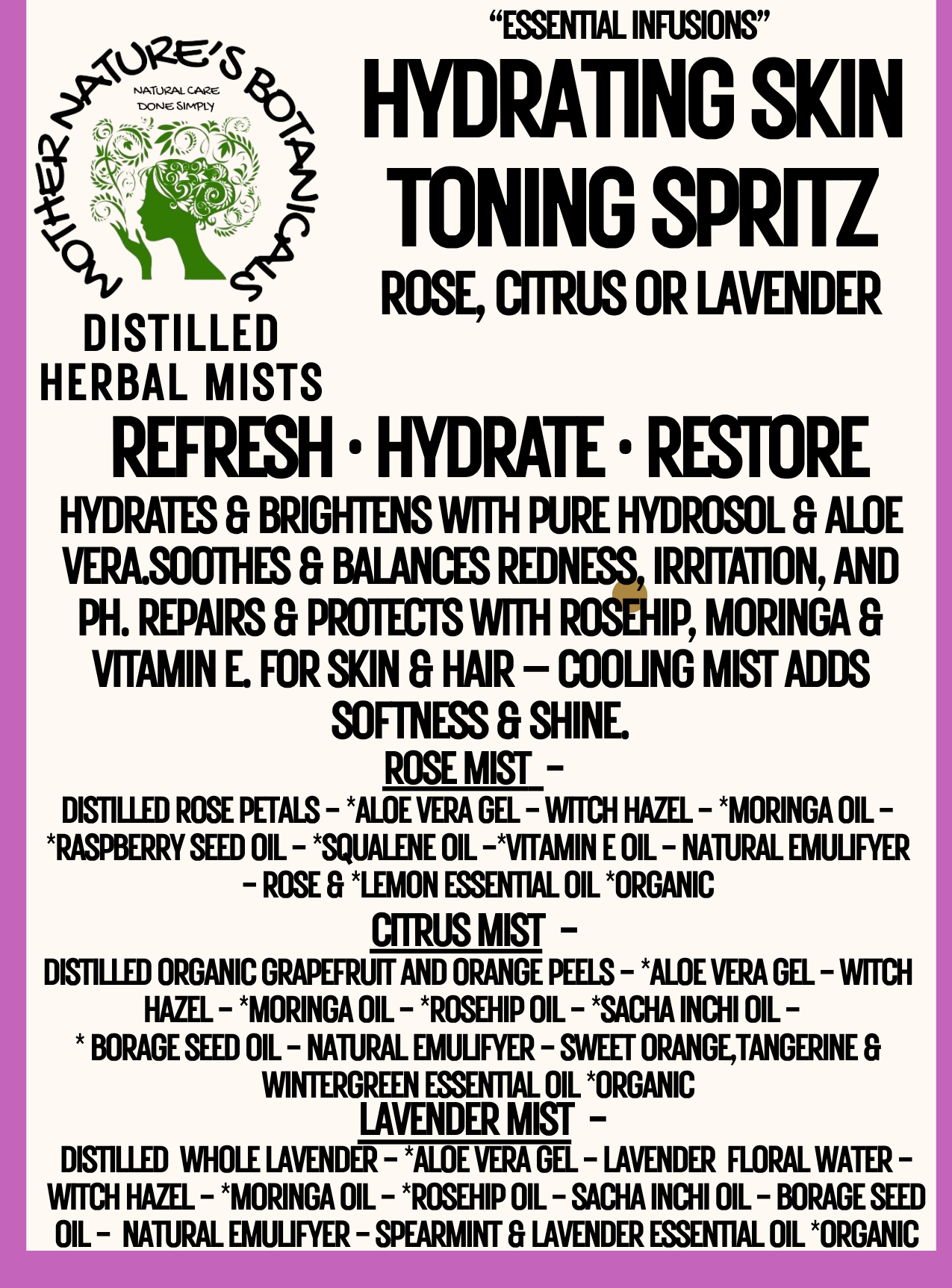 "Fresh Face" - Hydrating Skin Spritz Toners  - Refresh, Hydrate, Restore  (Citrus, Lavender & Rose Petal)